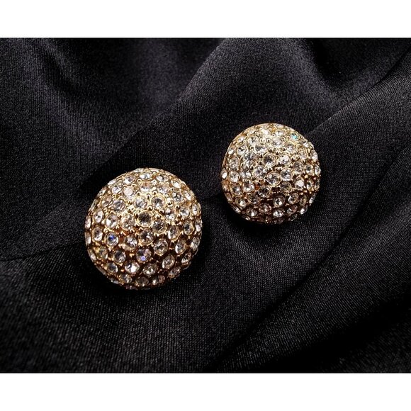 Vintage 1980s CAROLEE Signed Crystal Rhinestone Dome Earrings Gold-Tone - Picture 3 of 6